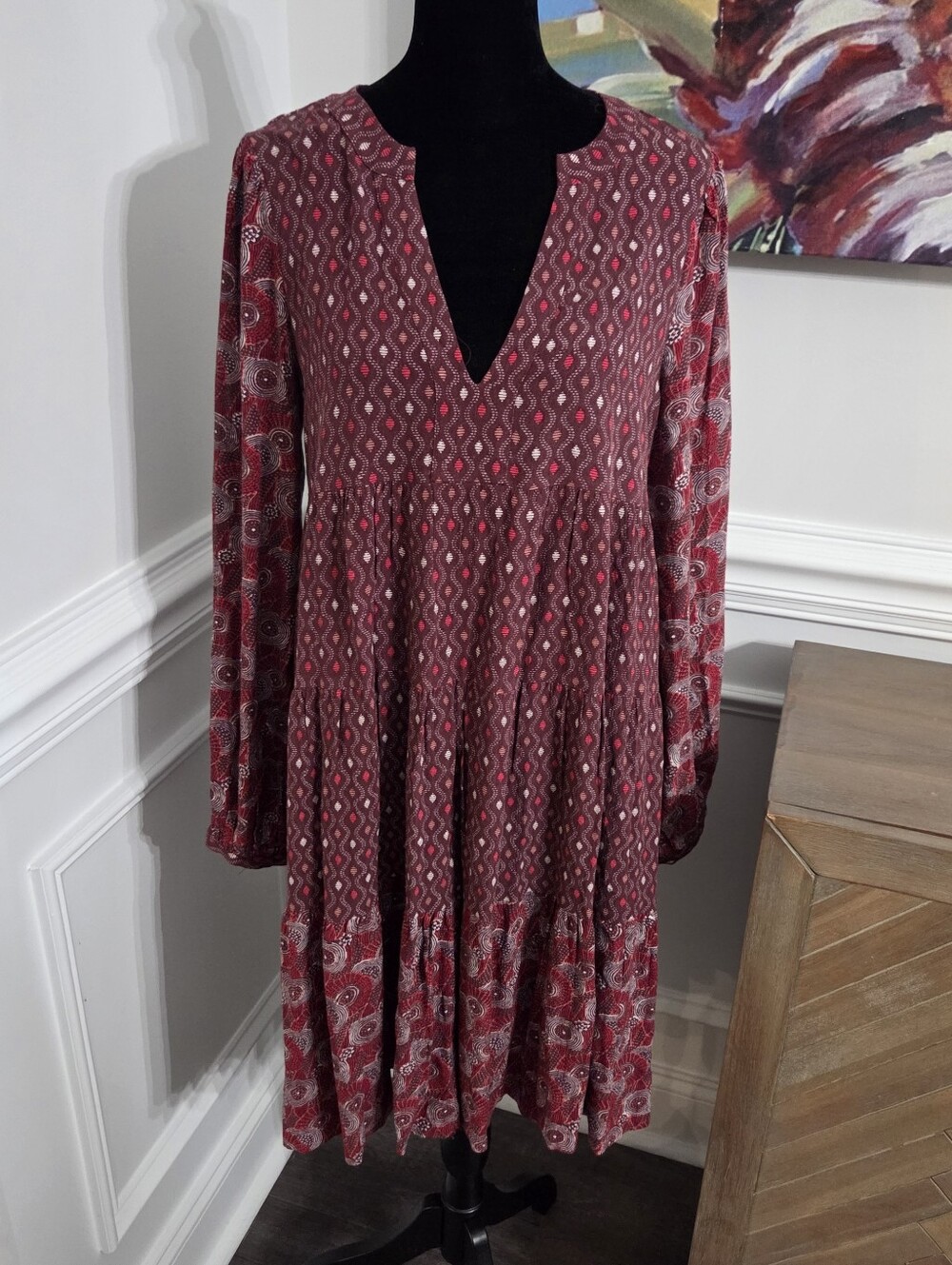 Maeve Anthropologie Amber Tiered Tunic Dress Burgundy Geometric Boho Small S
